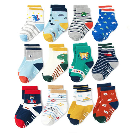 1/3/6/9/12 Pairs Kids Cotton Socks Sets for Baby Boys Non-slip Cute Cartoon Patterned Breathable Baby Trampoline Floor Socks
