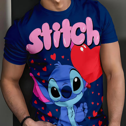 Men Disney Stitch T-Shirt, Cartoon Heart Balloon Design Casual Streetwear Top
