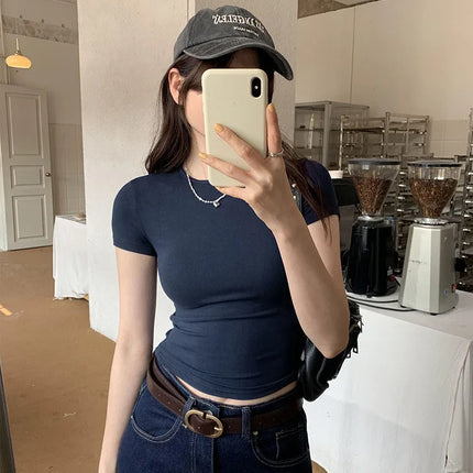 American style spicy girl shoulder T-shirt for women in summer 2025, tight fitting and slimming short top, basic elastic short s