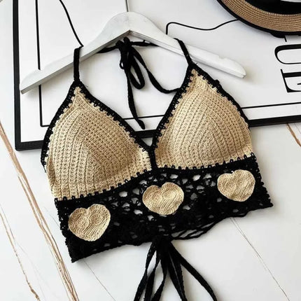National Style Women's Swimwear Top with Chest Pads Bohemian Beach Wear Outfit Crochet Halter Neck Summer Sling Beach Vacation