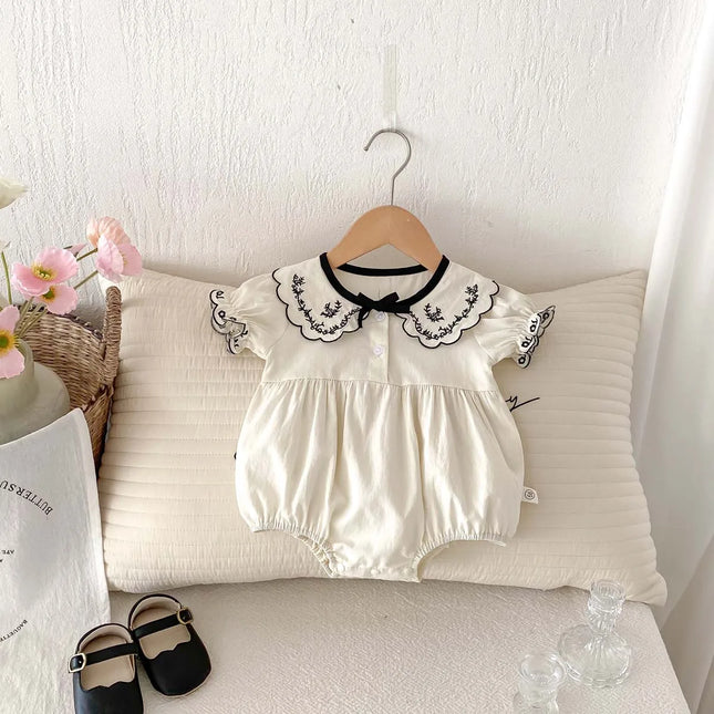 Baby Summer Embroidered Lapel Short Sleeve Triangle Jumpsuit Girl Baby Sweet Cute Jumpsuit with Bow for Summer Toddlers and Baby
