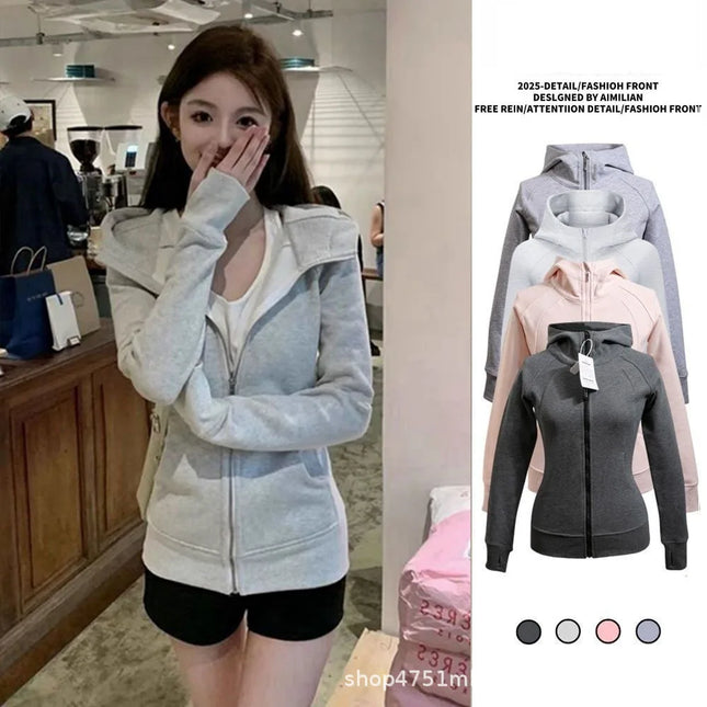 2025 New Women's Slim Fit Hoodie Zipper Cardigan Coat Comfortable Casual Korean Style Polyester Cotton Blend Long Sleeve