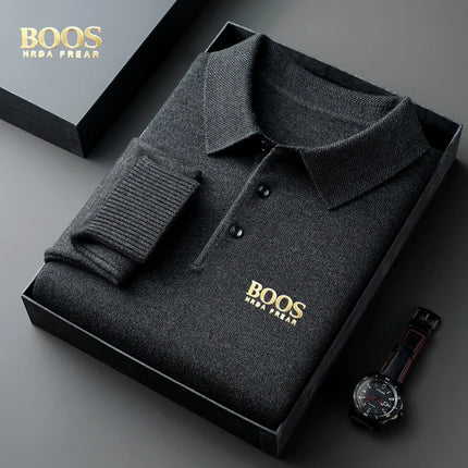 BOOS HRDAFREAR new autumn and winter wool collar long sleeved men's knitted polo shirt solid color middle-aged base sweatermen c
