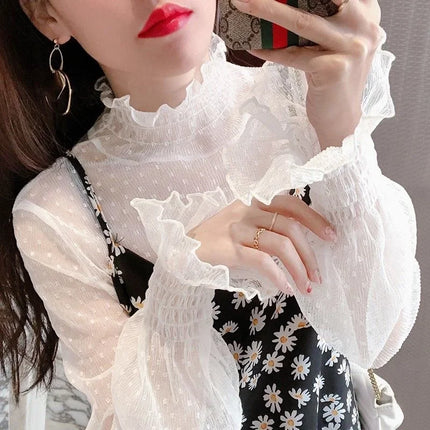 Women's Black Lace Flared Sleeve Slim Fit T-Shirt Long Sleeve Round Neck Base Shirt Fashion Kimono Bottoming Top for Women