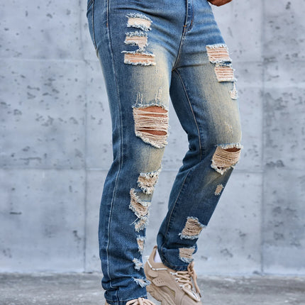 Men Denim Jeans Pants Clothing Trousers Men's Vintage Washed Ripped Straight Leg Denim Jeans