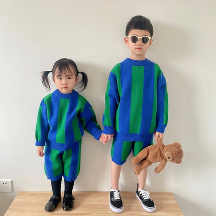 Korean Children's Sweater 2024 Spring New Boys and Girls Foreign Style Striped Knitted Sweater Set Brother and Sister Clothing