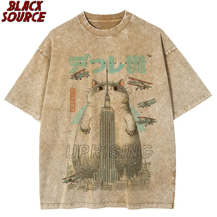 T357 Funny Cat Eating Ramen Vintage Japanese Noodles Geek Normal All Cotton Mens Tops T Shirt Casual Tees Hot Sale T Shirts