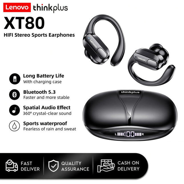 Lenovo XT80 Earhooks Sports Bluetooth Wireless Headsets with Mics, LED Power Display,Hifi Stereo Sound ENC TWS Earphones