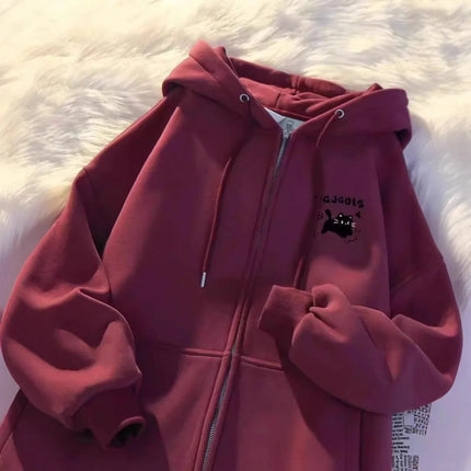 American Style Cat Print Open Cardigan Hoodie Jacket Loose Fit Long Sleeve Polyester Comfortable Casual Commute Style for Women