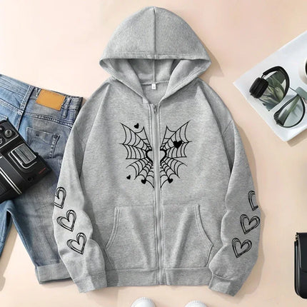 2025 Hot Sale Women's Hoodie Cute Spider Web Heart Print Zip-up Sweatshirt All Season Female Urban Casual Fashion Hooded Jackets