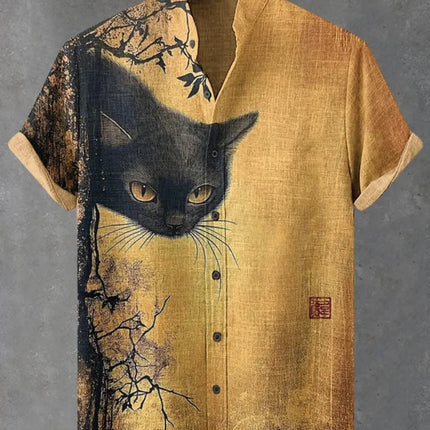Men's Japanese Retro Art Black Cat Print Shirt Short Sleeve Stand up Collar Single Breasted Casual Linen Top for Vacation