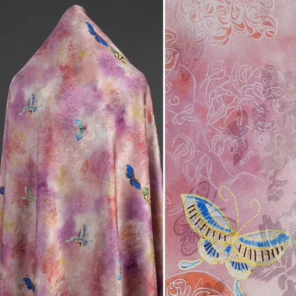 Butterfly Xiangyunsha Fabric Blush Pink Floral Jacquard Hualuo Silk Chinese Knot Dress Skirt Material for Designer Sewing Cloth