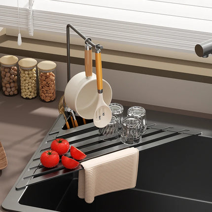 Foldable Drain Rack Kitchen Sink Organizer with  Towel Bar  Adjustable Over Sink Drainer for Dishes, Glasses, Pots & Pans