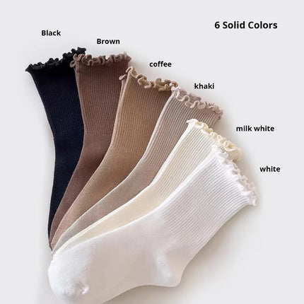 Cotton Socks for Women Girls Ruffle Top Solid Color Spring Autumn Breathable Soft Mid-calf Sock 1 Pair or 2 Pairs