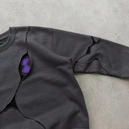 New Y2K Millennium Dark Style Patchwork Contrasting Hoodie, Worn Grey Purple Contrasting Deconstruction Loose Round Neck Shirt