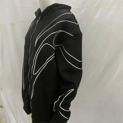 Street Retro Fashion Clothing Striped Embroidered Black Double Zipper Hoodie American Hip-hop Punk Oversized Sweatshirt women