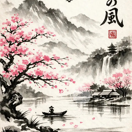 Japanese Ink Painting Landscape Spring Cherry Blossoms Canvas Print Asian Style Wall Art Poster for Living Room Home Decor Gift