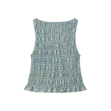 Women's Summer Smocked Tank Tops Solid Color/Plaid Sleeveless Boat Neck Ruffled Hem Slim Fit Vest