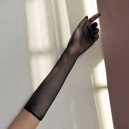 Women Sexy Black Fishnet Mesh Long Gloves Nylon High Elastic Full Finger Lace Hand Gloves Party Stage Exotic Costume Oversleeves