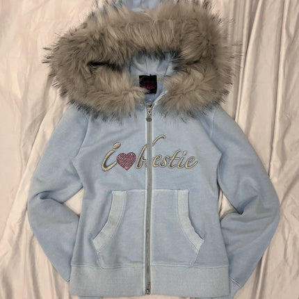 Harajuku Letter Embroidery Double Zipper Hoodie Women American Retro Fur Collar Oversized Sweatshirt Trendy Gothic Streetwear