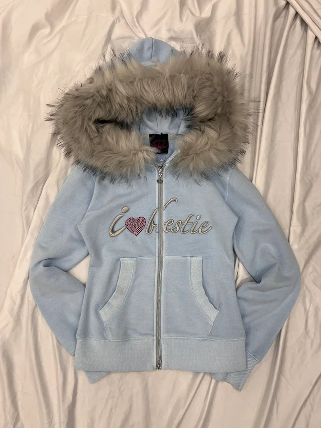 Harajuku Letter Embroidery Double Zipper Hoodie Women American Retro Fur Collar Oversized Sweatshirt Trendy Gothic Streetwear