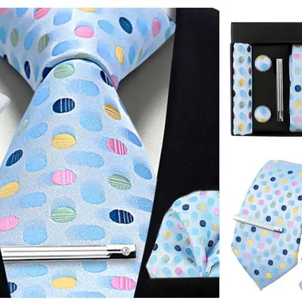 Classic 100% Silk Men's Ties In Gift box 8cm Plaid Dot Striped Business Necktie Handkerchief Cufflinks Wedding Party Tie Set