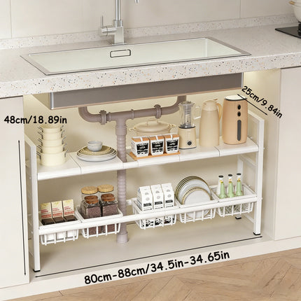 Under-Sink Kitchen Storage Rack/Shelf, Extendable, Single/Double Layer Storage Solution, Made of Steel, Perfect for Kitchen Use, Ideal for Laundry Rooms, under the Sink, Maximizes Space, Easily Stores Various Bottles and Spic