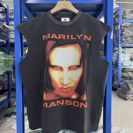 Summer Rock Manson Pattern Print Vintage American High Street Casual Loose Cotton Washed Tank Top Trendy Hip Hop Men Vest