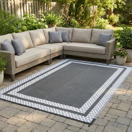 6' x 9' Outdoor Mat with Ground Pegs - Durable PP Material, Gray and White Grid Pattern, Perfect for Patio, Camping and Outdoor