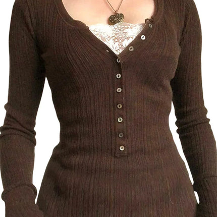 Women Button Front Knit Tops Long Sleeve Lace Patchwork Slim Fit Sweater Fall Fairy Grunge Gothic Y2K Clothes