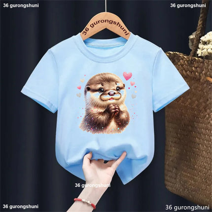 Harajuku Kawaii Kids Clothes Funny Otter Love Flowers Animal Printed T-shirt Girls/Boys Summer Fashion T-shirt Tops
