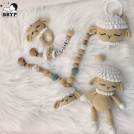1 Set DIY Crochet Giraffe Baby Teether Newborn Lamb Rattle Toy Wooden Molar Teething Ring Pacifier Clips Chain Set Baby Stuff