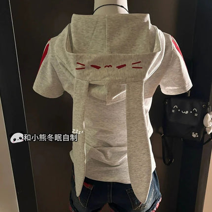 Summer Cartoon Printing Japanese Women Hoodies Preppy Style Rabbit's Ears Hooded Tops Y2K Aesthetic Slim Fit Tees Grunge