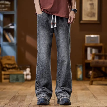 Spring Straight-Leg Loose-Fit American Vintage-Style Denim Trousers: Men's Casual High-Street Washed Wide-Leg Pants
