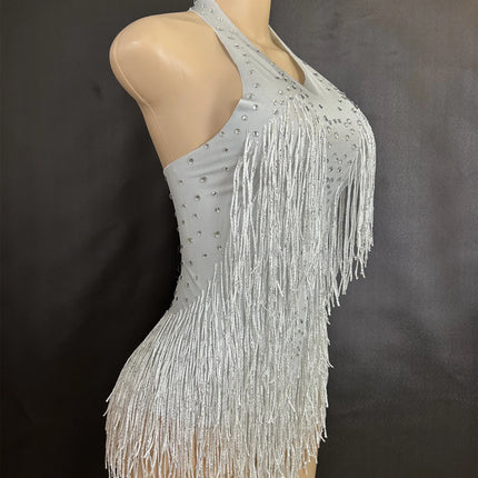 Sparkly Rhinestones Fringe Bodysuit Women Nightclub Party Dance Costume Stage Wear Sexy Tassel Leotard Performance Clothing 7G