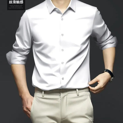 S-6XL Men's Long Sleeve Shirt Luxury Wrinkle Resistant Pure White Shirt Business Dress Casual Ice Silk Glossy Shirt