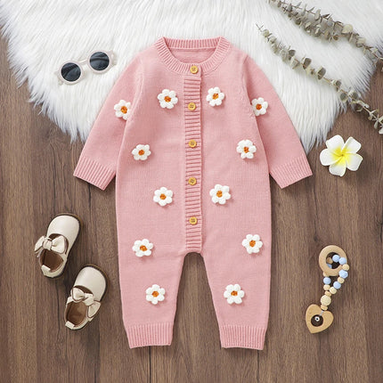 Citgeett Spring Infant Baby Girls Knit Romper Long Sleeve Button Flower Fall Jumpsuit Sweater Pink Clothes