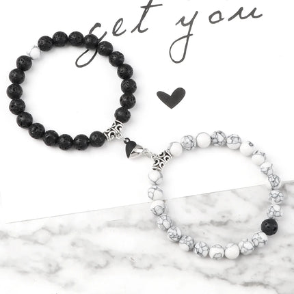2Pcs/Set Sliver Black Color Magnet Pendant Bracelets 6MM 8MM White Porcelain Black Line Beads Couple Bracelet Jewelry Gift New