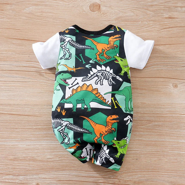 Newborn Clothing Handsome Cartoon Dinosaur Fake Strap Full Print Soft Summer Boys And Girls 0-18 Short Sleeve Baby Bodysuit