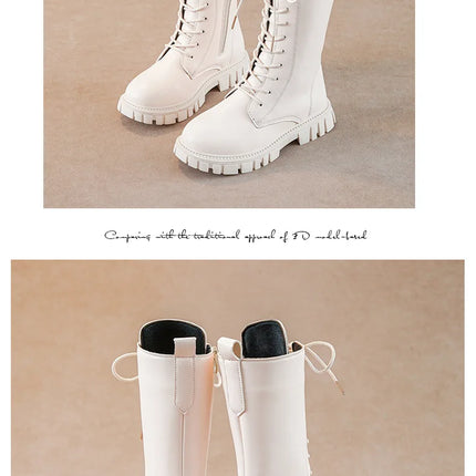 Girls' Boots Autumn Winter British Style Lace Up Long Boots Solid Color Princess Leather Boots Plus Velvet Kids Knight Boot