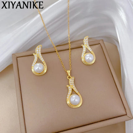 XIYANIKE316L Stainless Steell Necklace Earring Set For Women Pearl Zircon Water Droplet Design Personal Clavicle Chain Ear Studs