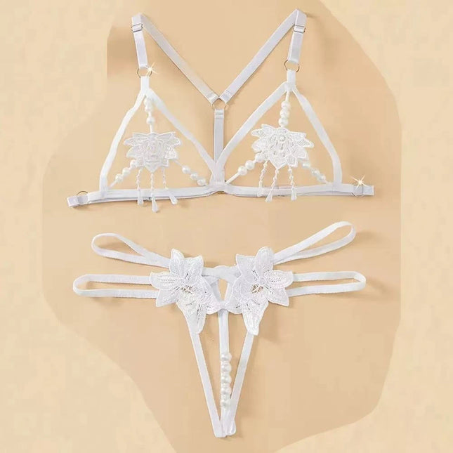 Hot Lingerie Women Lolita Underwear Open Sleepwear Sexy Pearl Hollow Bra Lace Sexy Bodysuit Pajama 2 Pcs Set Erotic Costume