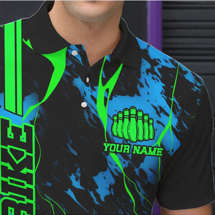 CustomizedBowling Shirt-Customizable Text Color and Format-Bowling Shirt withGreen Crack and Blue Contrast Design PrintedPattern