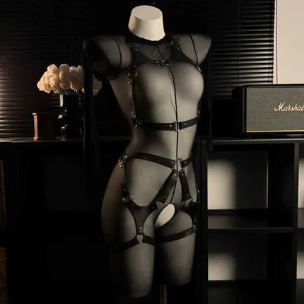 New Hollow Out Black Leather Bandage Open Crotch Bodysuit Women Sexy Lingerie See Through Crotchless Fullbody Stocking Costume
