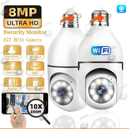 8MP E27 Bulb Wifi Surveillance Camera 10X Digital Zoom AI Humanoid Detection Color Night Vision Wireless Cameras Baby Monitor