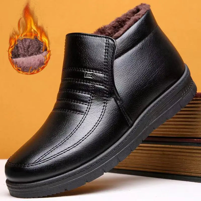 Men's Winter Thickened High-Top Cotton Shoes Warm Fleece Lined Leather Boots Anti-Slip Comfortable for Elderly And Dad