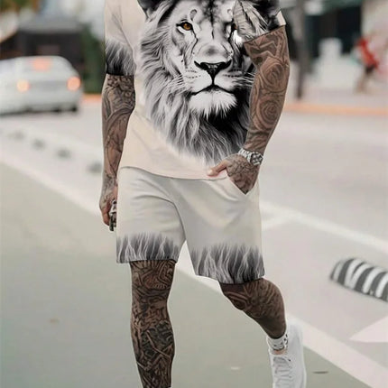 2024 New Crew Neck Short Sleeve T-shirt Fashion Shorts Set 3D Lion Print Short Sleeve Shorts 2-piece Men's Summer Sports Set