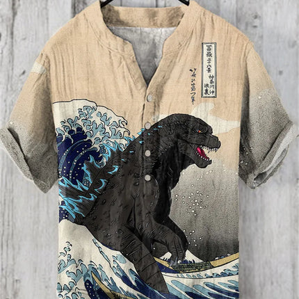 Popular European and American short-sleeved wave pattern men's shirts, stand-up collar shirts, Hawaiian shirts, men's vacation shirts