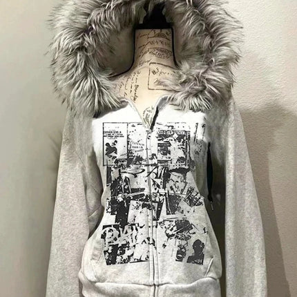 2026 Y2K Gothic Punk Faux Fur Hooded Jacket Women Printed Vintage American Harajuku Subculture Black Casual Streetwear