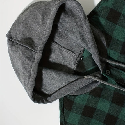 New Coat Spring and Autumn Men's Loose Plaid Hooded Shirt Large Size Fashion Casual Long sleeved Shirt Street StyleS-3XL